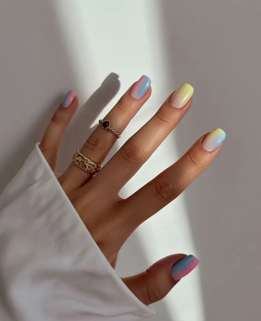 summer nail colors ideas 2026 gradient Soft Rainbow Fade on Natural Short Nails