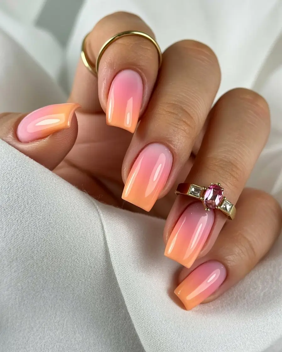 summer nail colors ideas 2026 gradient Peachy Pink Ombre That Glows on the Skin
