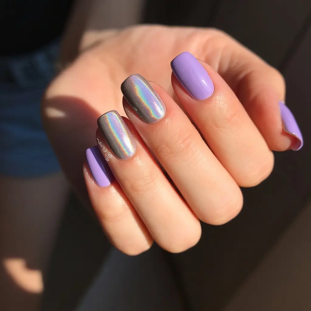 summer nail colors ideas 2026 gradient Lavender and Chrome Mix for a Soft Bold Contrast