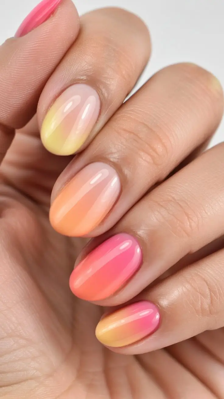 summer nail colors ideas 2026 gradient Juicy Sunset Blend in Pink Orange and Yellow