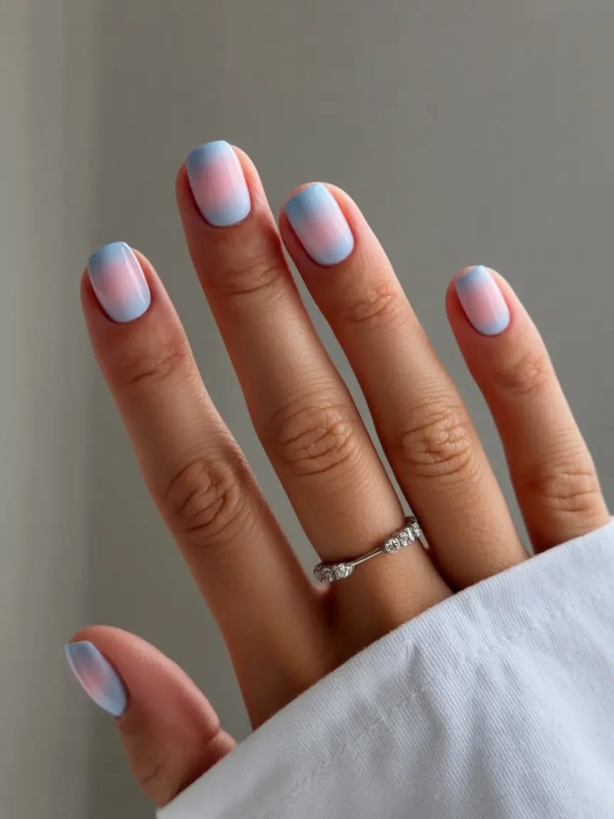 summer nail colors ideas 2026 gradient Minimal Baby Blue and Pink Fade on Short Nails