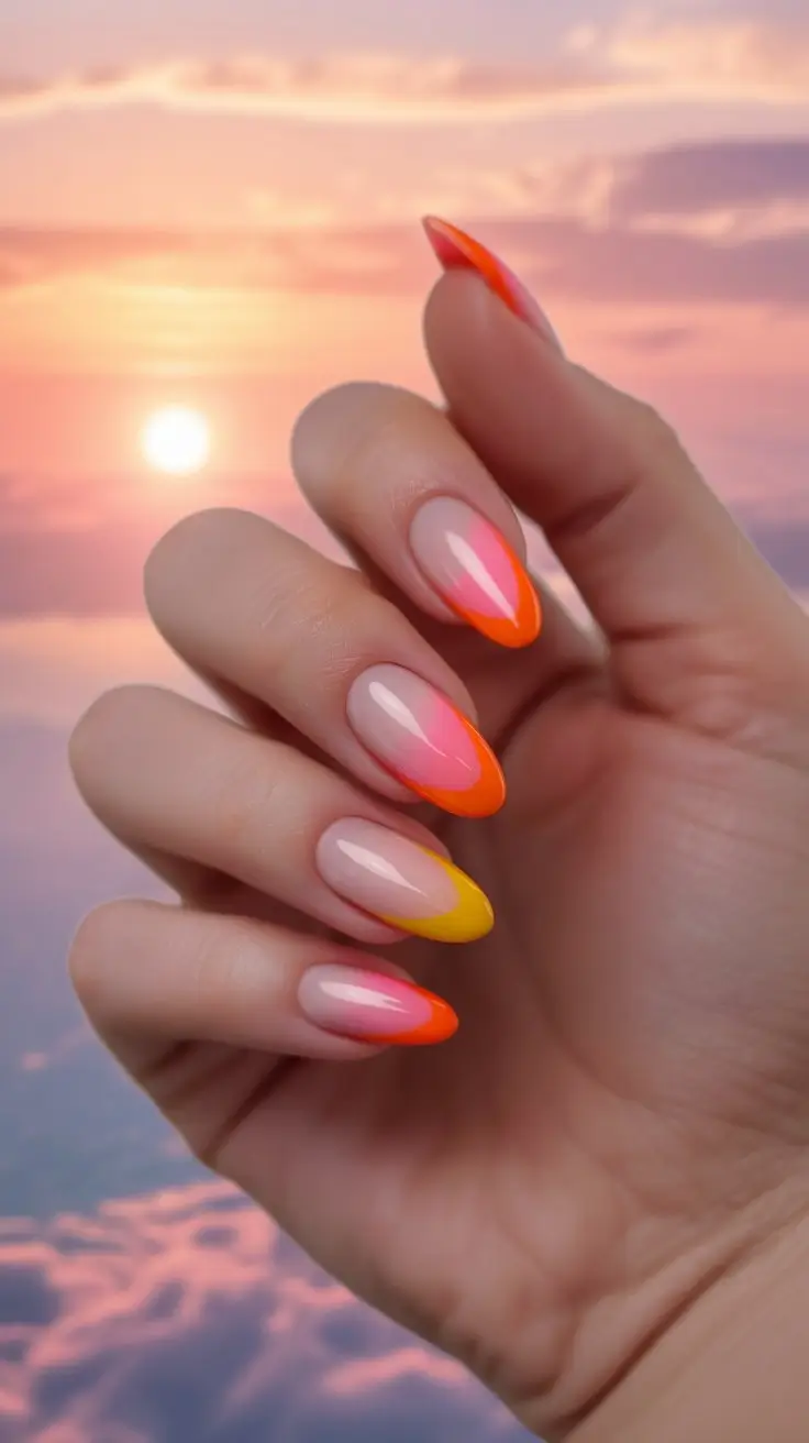 summer nail colors ideas 2026 gradient Sunset Almond Glow with Neon Edges