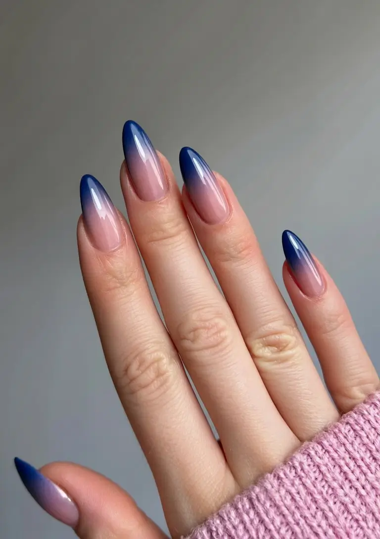 summer nail colors ideas 2026 gradient Deep Blue Fade on Almond Nails
