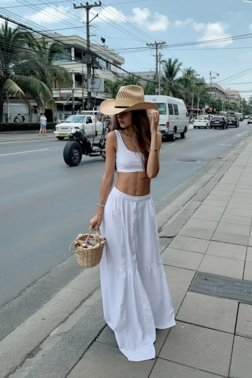 summer outfits 2026 light coastal elegance with flowing white skirt