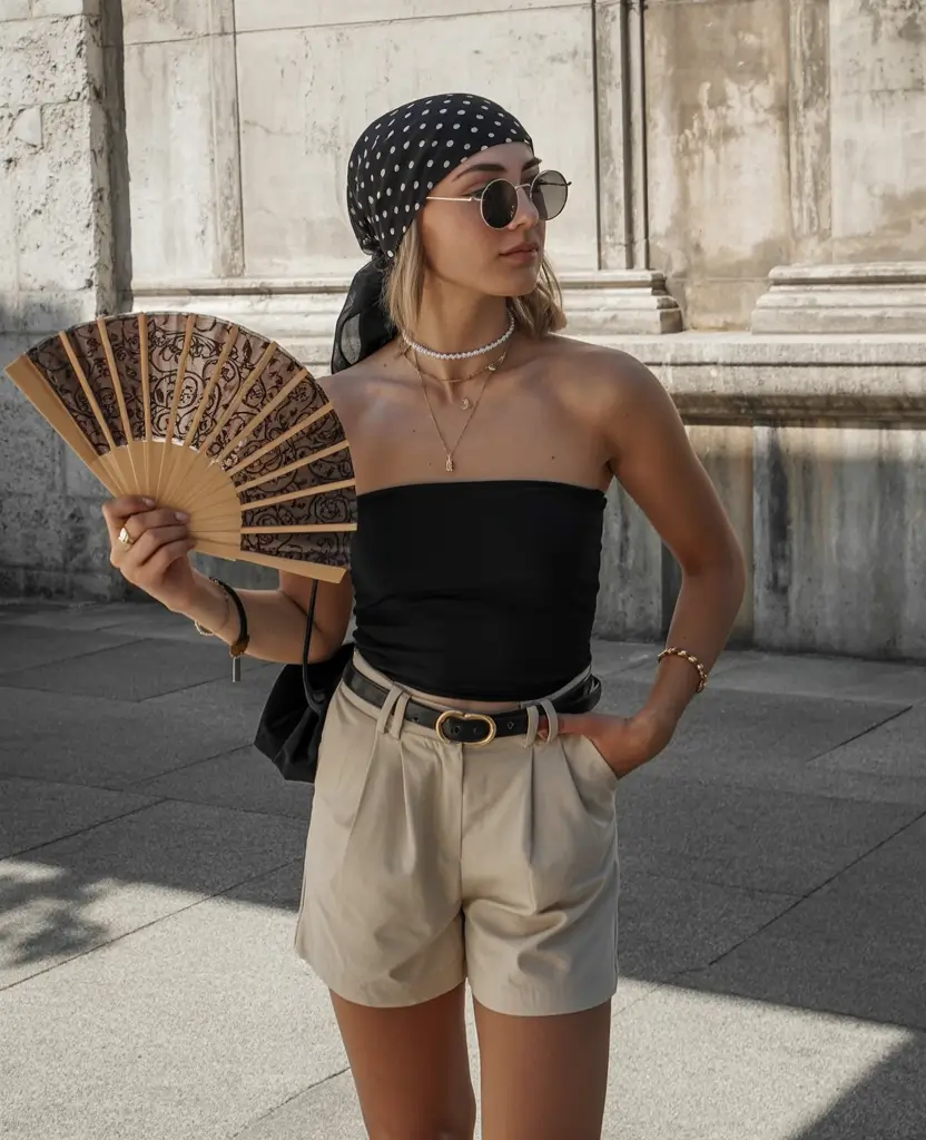 summer outfits 2026 elegant summer shorts styling with european scarf detail