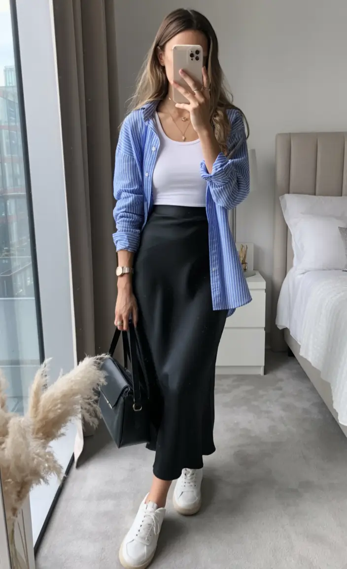 summer outfits 2026 soft layering with satin skirt and striped shirt