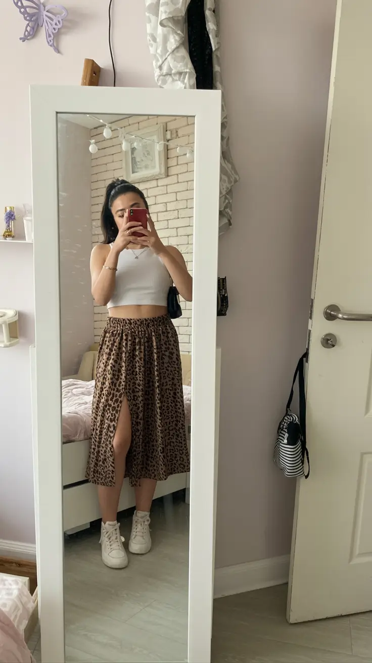 summer outfits 2026 leopard print midi skirt with casual summer top
