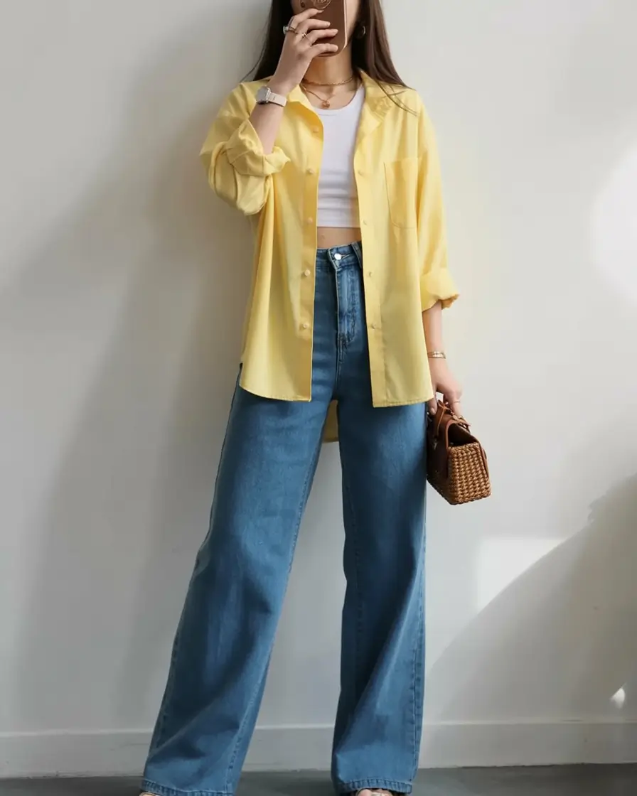 summer outfits 2026 bright layered shirt and relaxed wide denim look