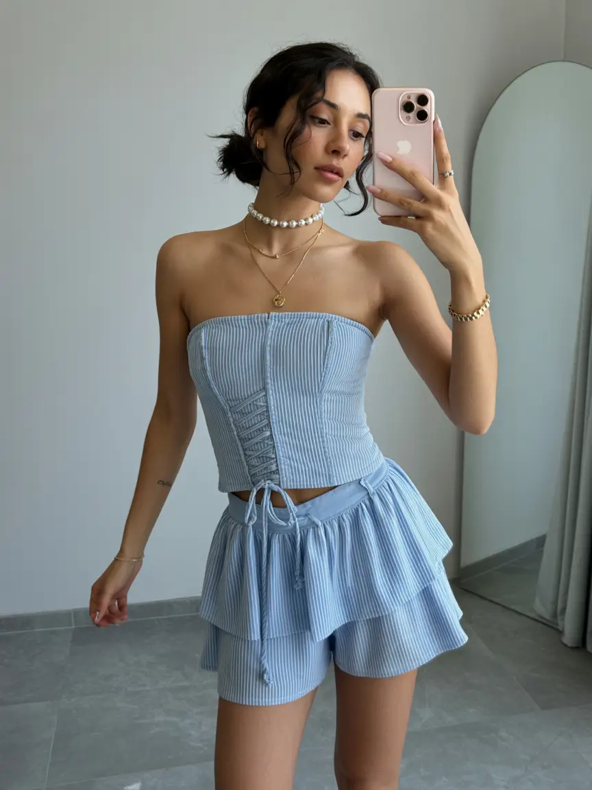 summer outfits 2026 soft striped summer set with playful ruffled shorts