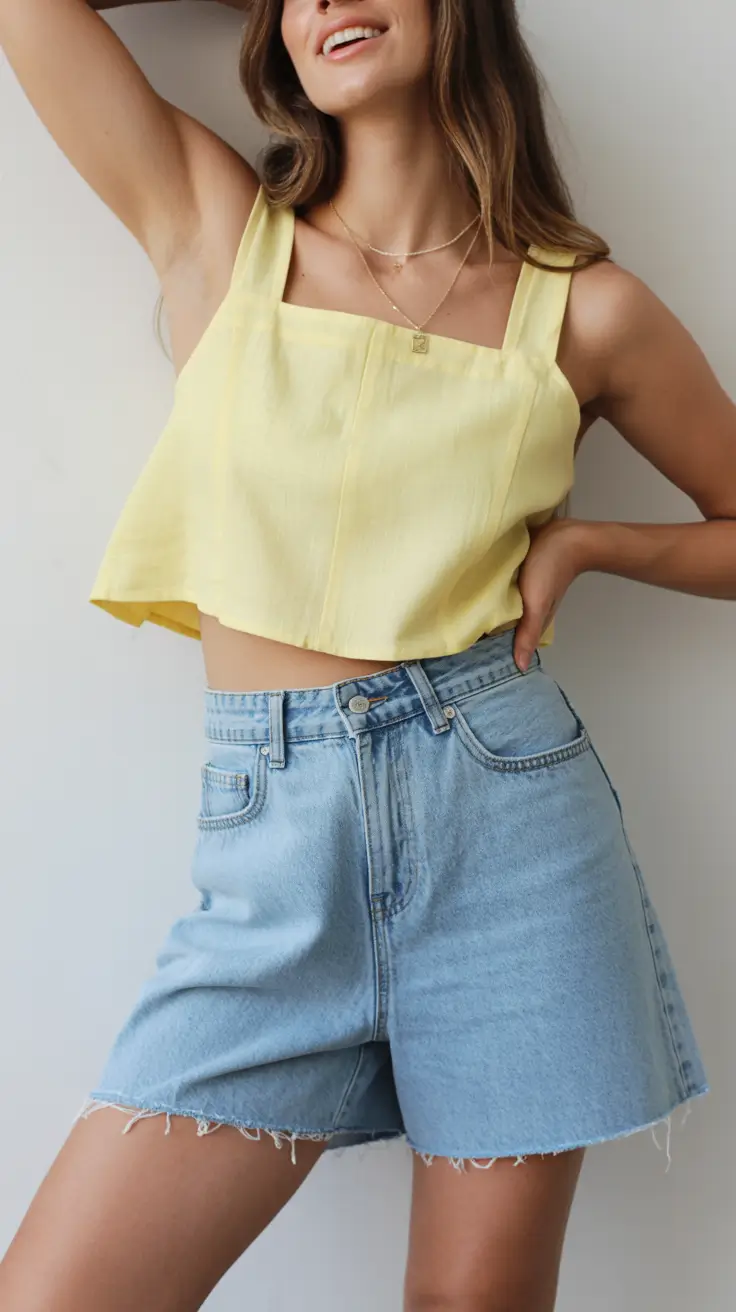 summer outfits 2026 bright yellow crop top with relaxed denim shorts