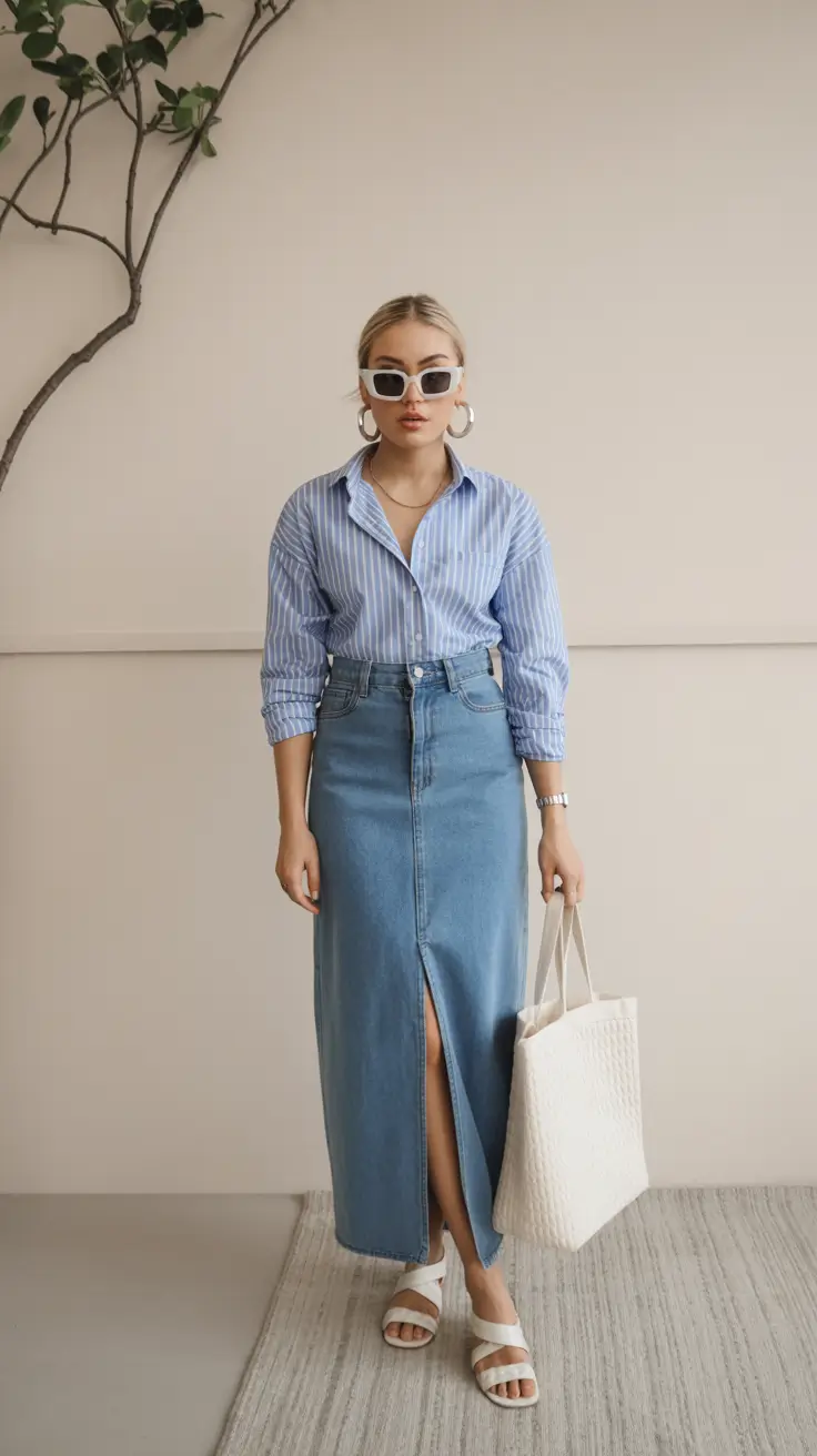 summer outfits 2026 relaxed striped shirt and denim skirt everyday look