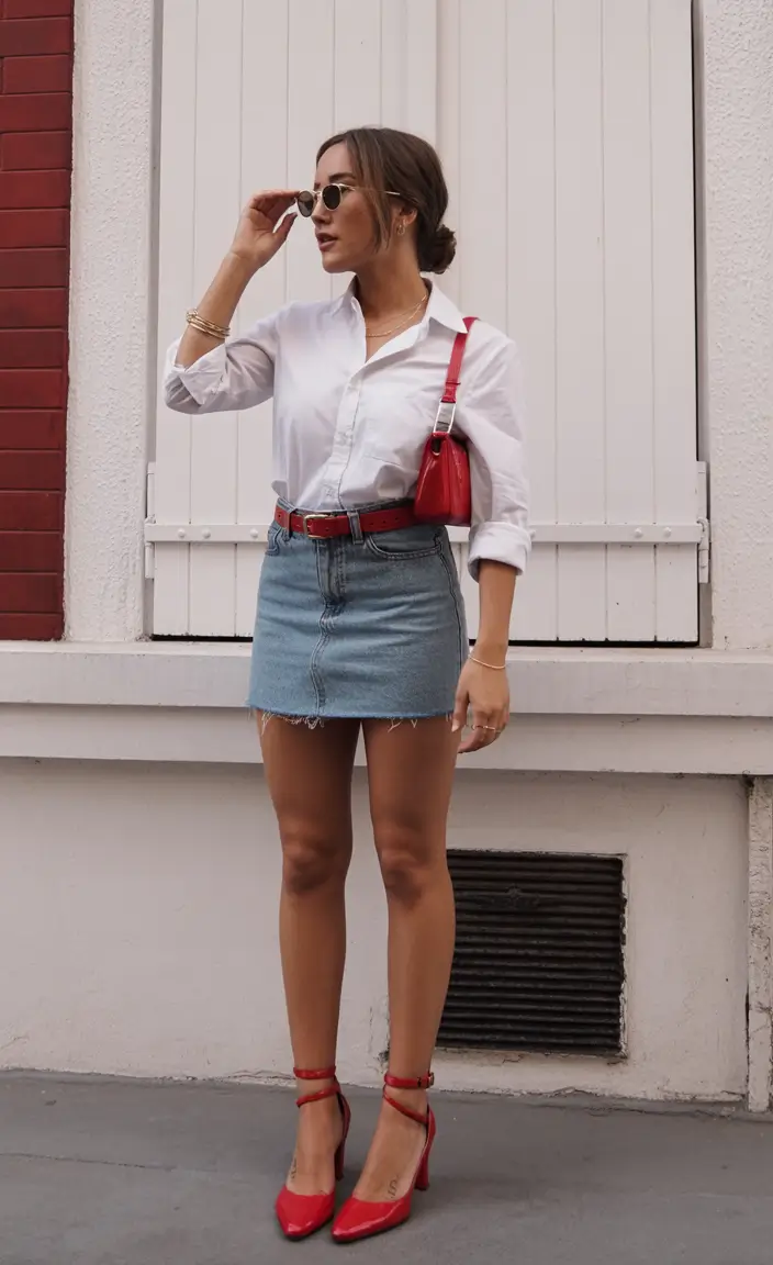 summer outfits 2026 classic white shirt and denim mini with bold red accents
