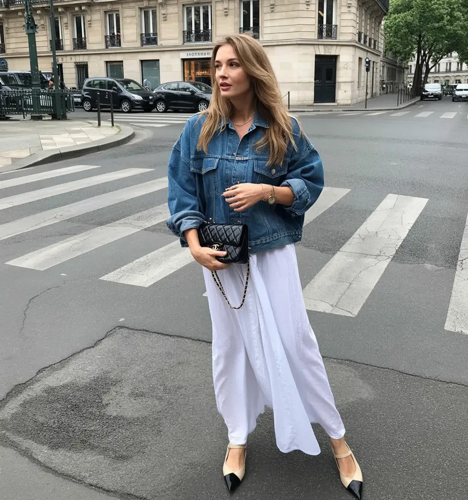 summer outfits 2026 modern european layering with denim jacket and flowing skirt