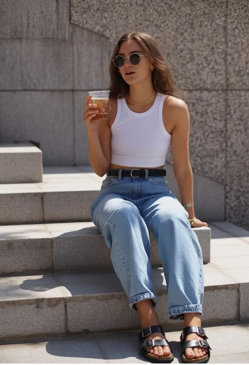 summer outfits 2026 minimal tank top and vintage jeans casual summer outfit