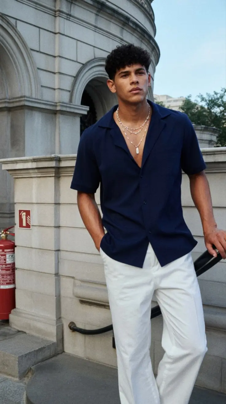 summer outfits for men 2026 Dark shirt and white trousers refined summer balance