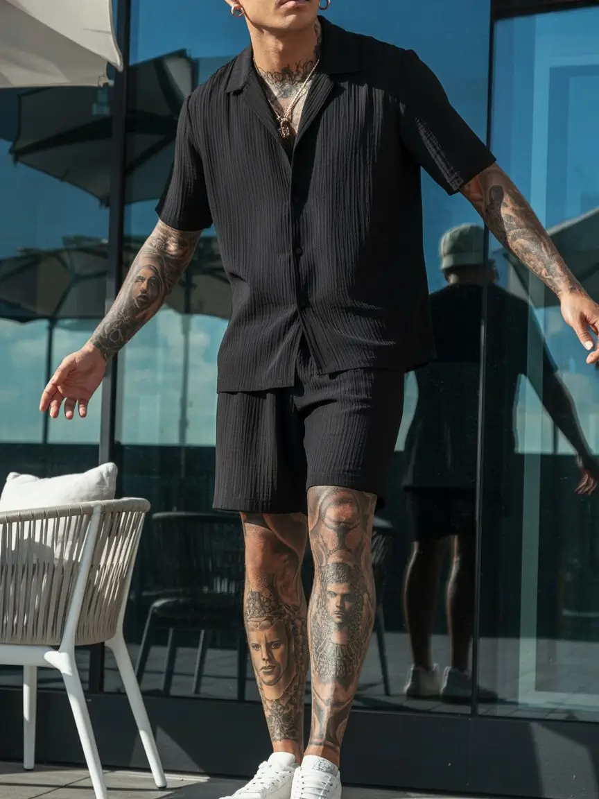 summer outfits for men 2026 All black textured summer set bold minimal look