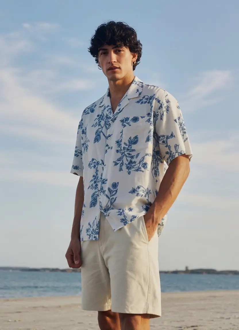 summer outfits for men 2026 Light beach outfit with printed shirt relaxed vibe