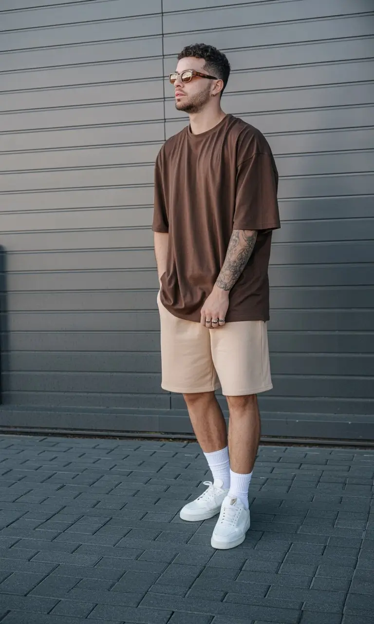 summer outfits for men 2026 Relaxed oversized tee with neutral shorts everyday casual