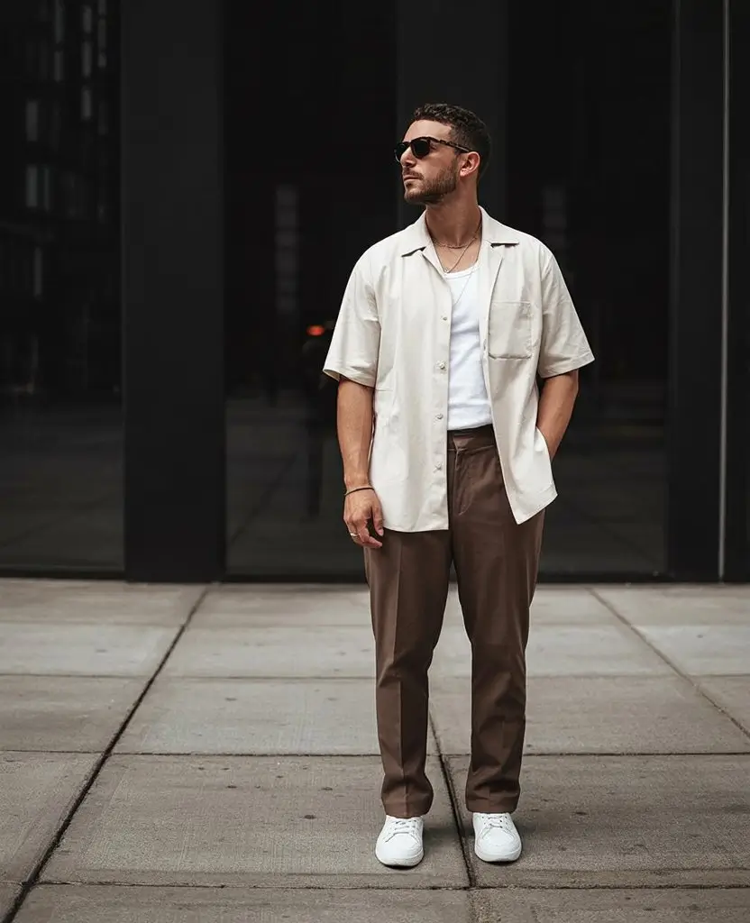 summer outfits for men 2026 Layered smart casual outfit with shirt and trousers