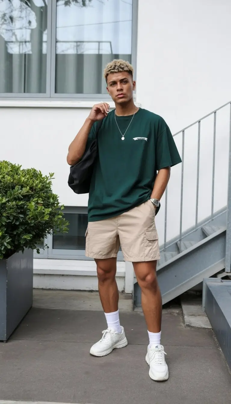 summer outfits for men 2026 Sporty streetwear look with oversized tee and cargo shorts