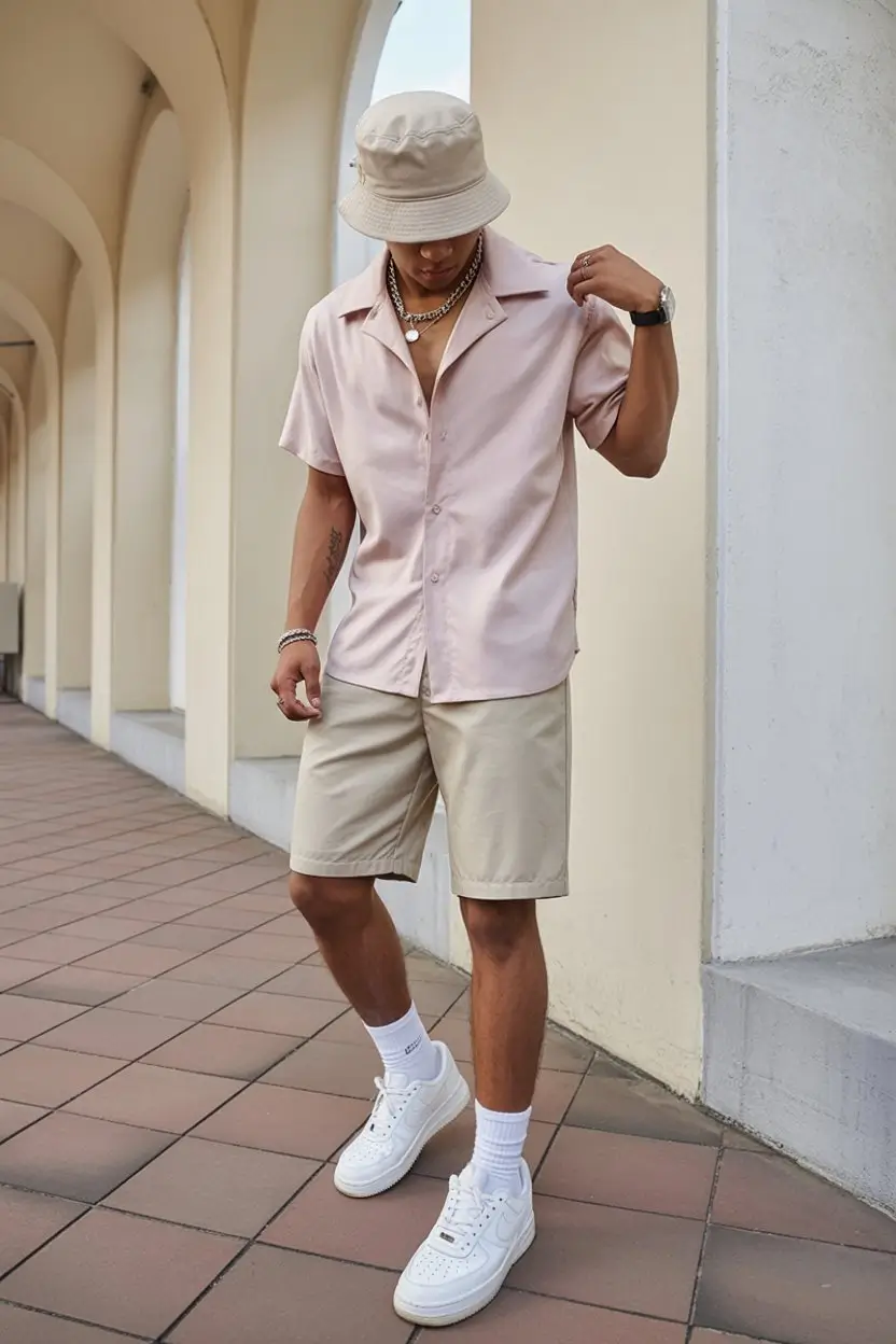 summer outfits for men 2026 Soft pastel shirt with shorts relaxed summer aesthetic