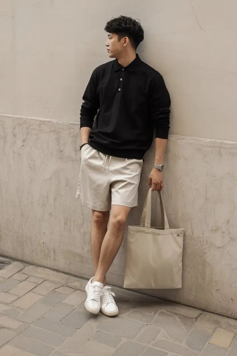 summer outfits for men 2026 Minimal black top with tailored shorts clean summer balance