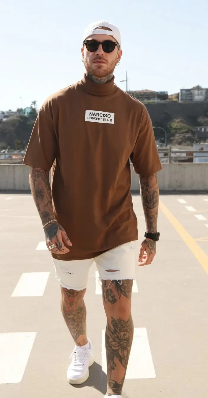 summer outfits for men 2026 Relaxed streetwear with oversized tee and distressed shorts
