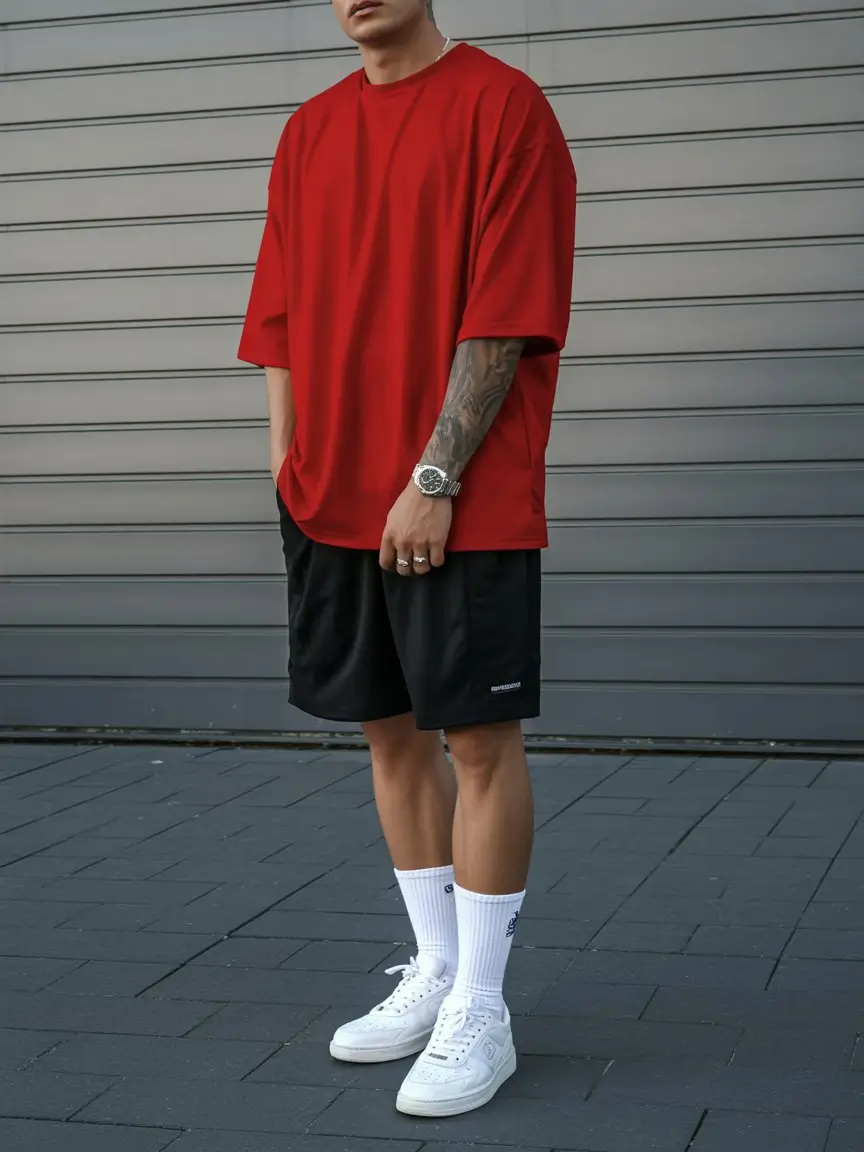 summer outfits for men 2026 Bold streetwear with oversized tee and shorts