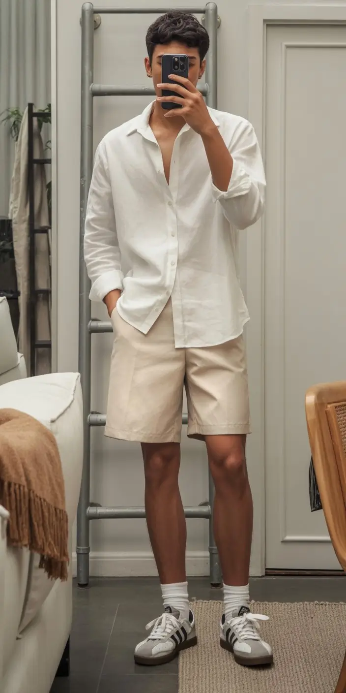 summer outfits for men 2026 Clean summer outfit with linen shirt and shorts