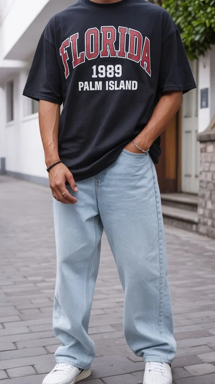 summer outfits for men 2026 Relaxed graphic tee and light denim street look