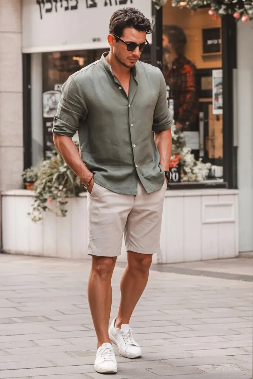 summer outfits for men 2026 Elevated casual with olive shirt and tailored shorts