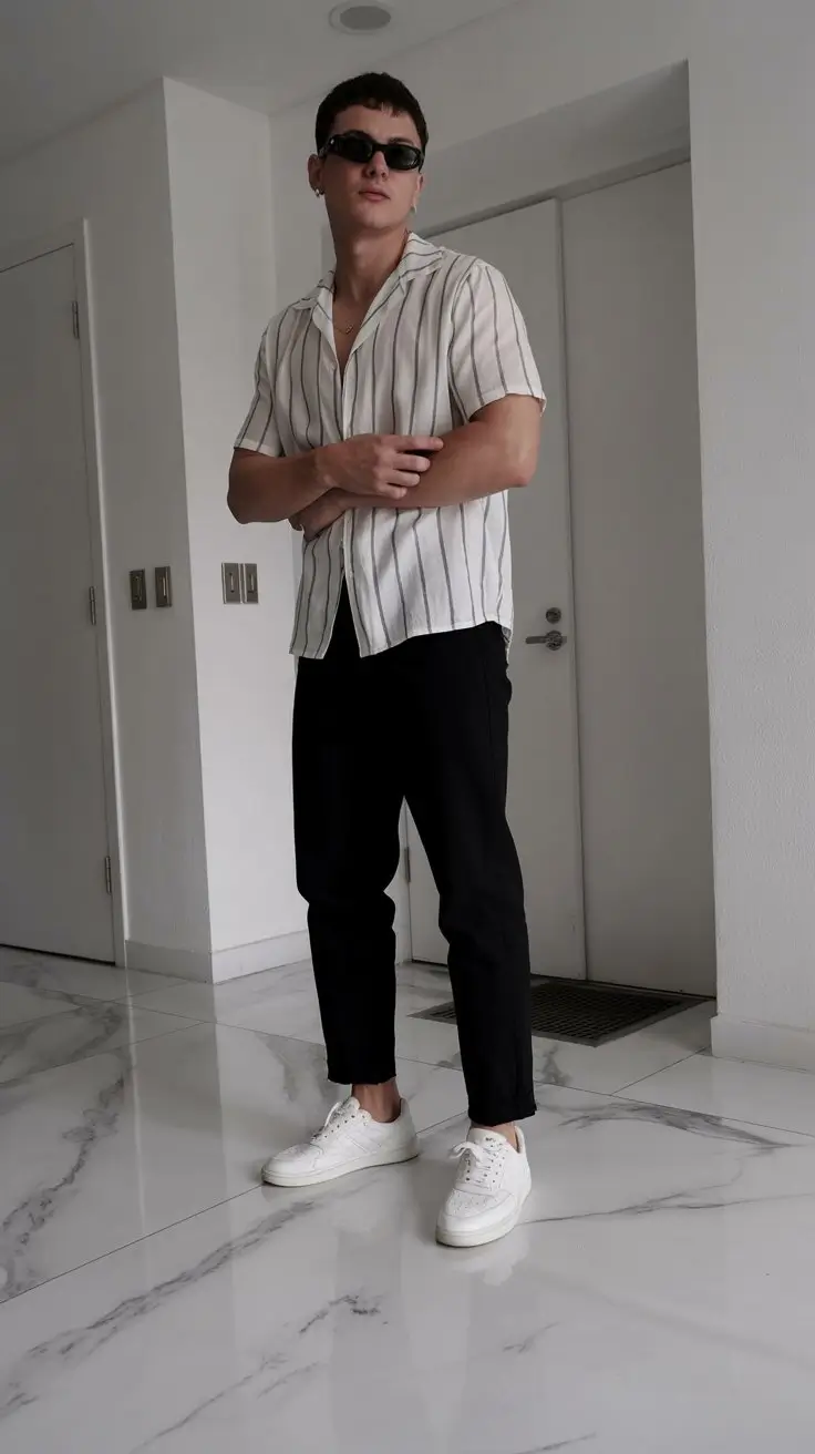 summer outfits for men 2026 Monochrome summer outfit with striped shirt and black trousers