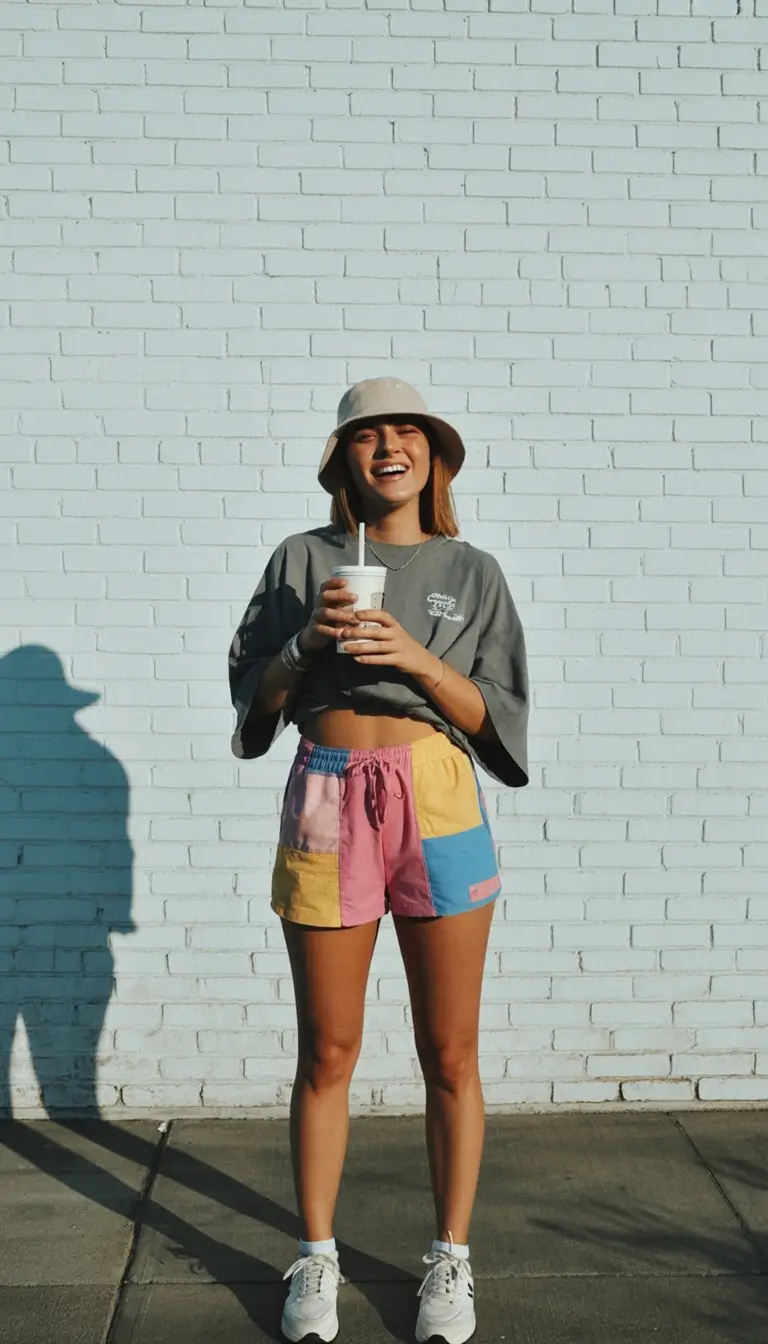 summer outfits for vacation 2026 playful patchwork shorts casual beach look