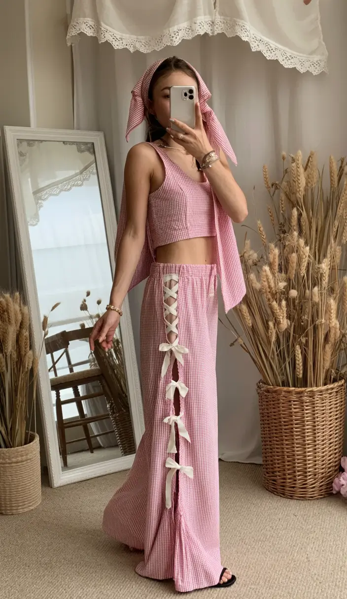 summer outfits for vacation 2026 romantic gingham beach outfit women