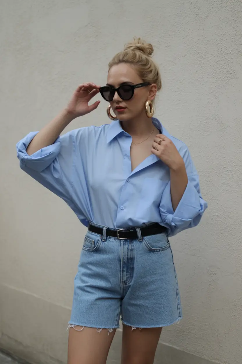 summer outfits for vacation 2026 casual denim shorts blue shirt outfit women