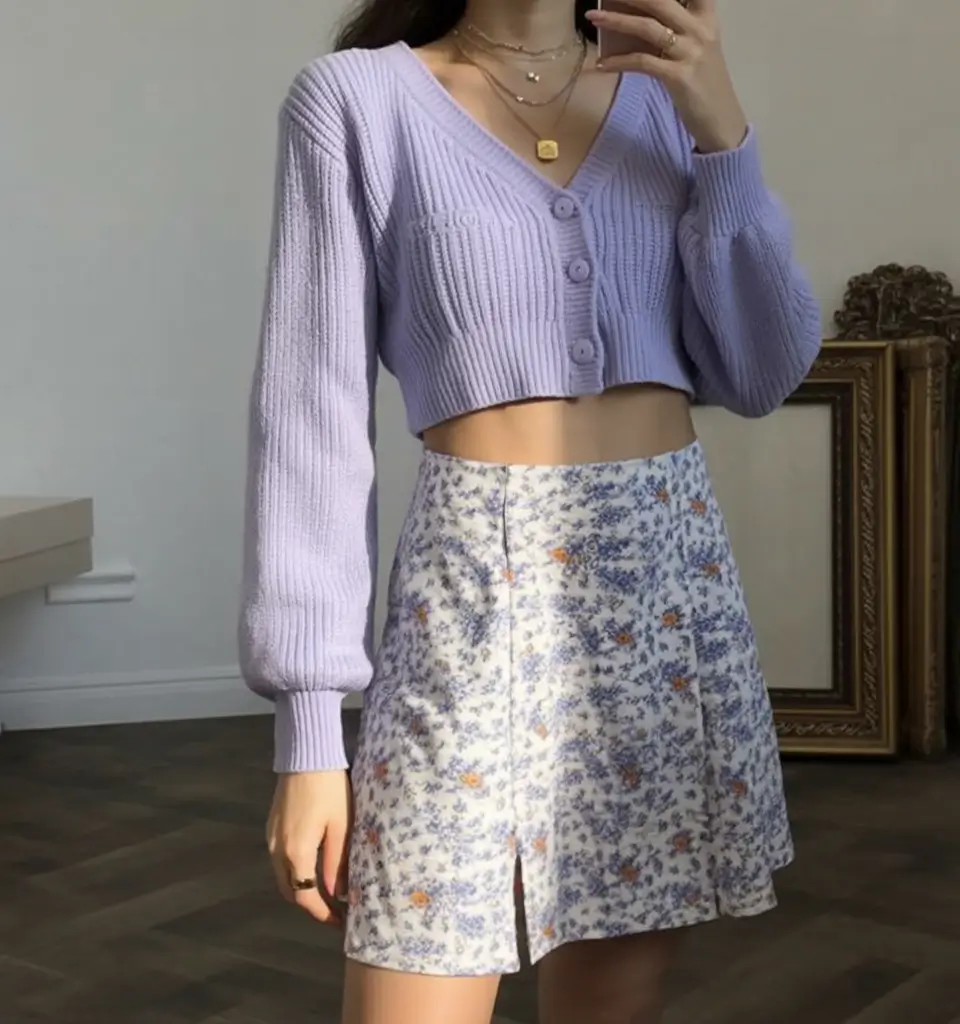 summer outfits for vacation 2026 lavender cardigan floral skirt cute outfit