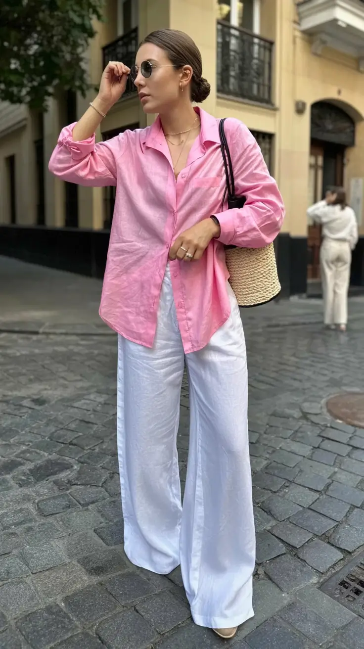 summer outfits for vacation 2026 classy pink shirt white trousers outfit women