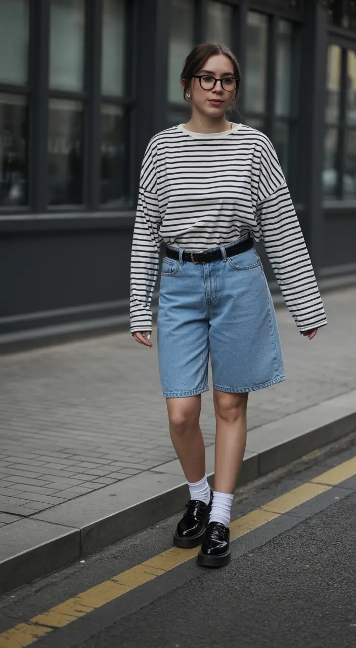 summer outfits for vacation 2026 casual striped tee denim shorts outfit women