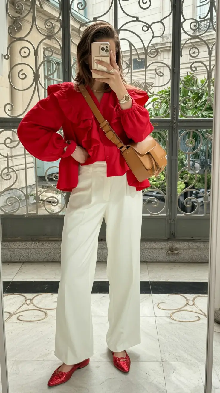 summer outfits for vacation 2026 classy women elegant red blouse travel outfit