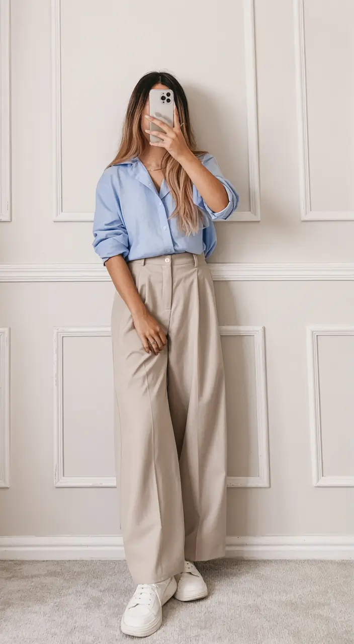 Summer outfits for work 2026 Blue Button Down and Tailored Pants for Smart Casual Office Days