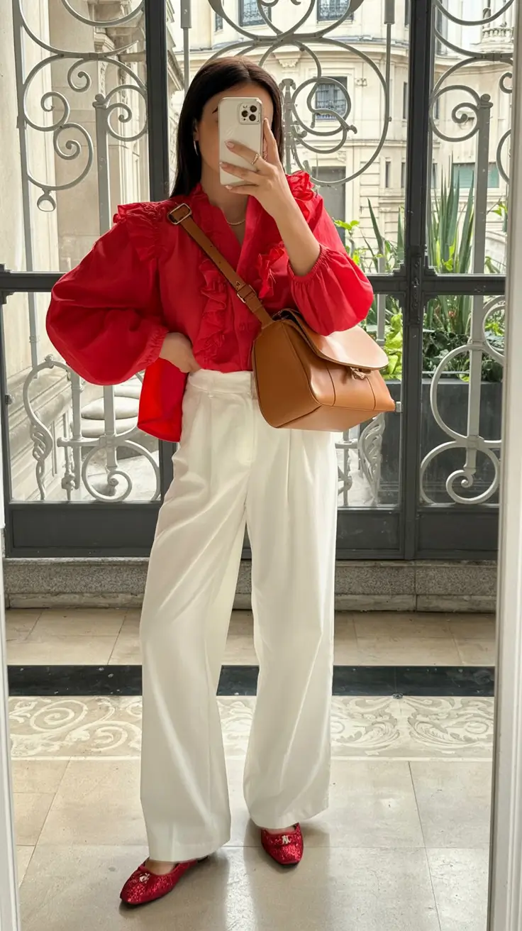 Summer outfits for work 2026 Bright Red Blouse and Cream Trousers for Elegant Summer Office Energy