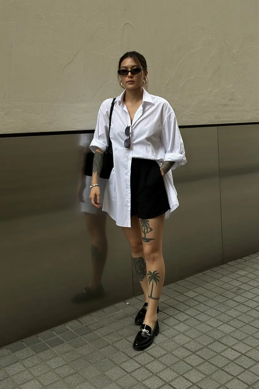 Summer outfits for work 2026 Oversized White Shirt and Tailored Shorts for Cool City Workdays