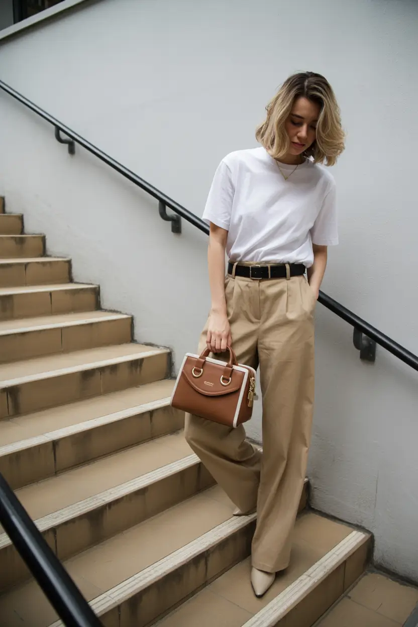 Summer outfits for work 2026 Minimal White Tee and Tailored Trousers for Polished Summer Simplicity