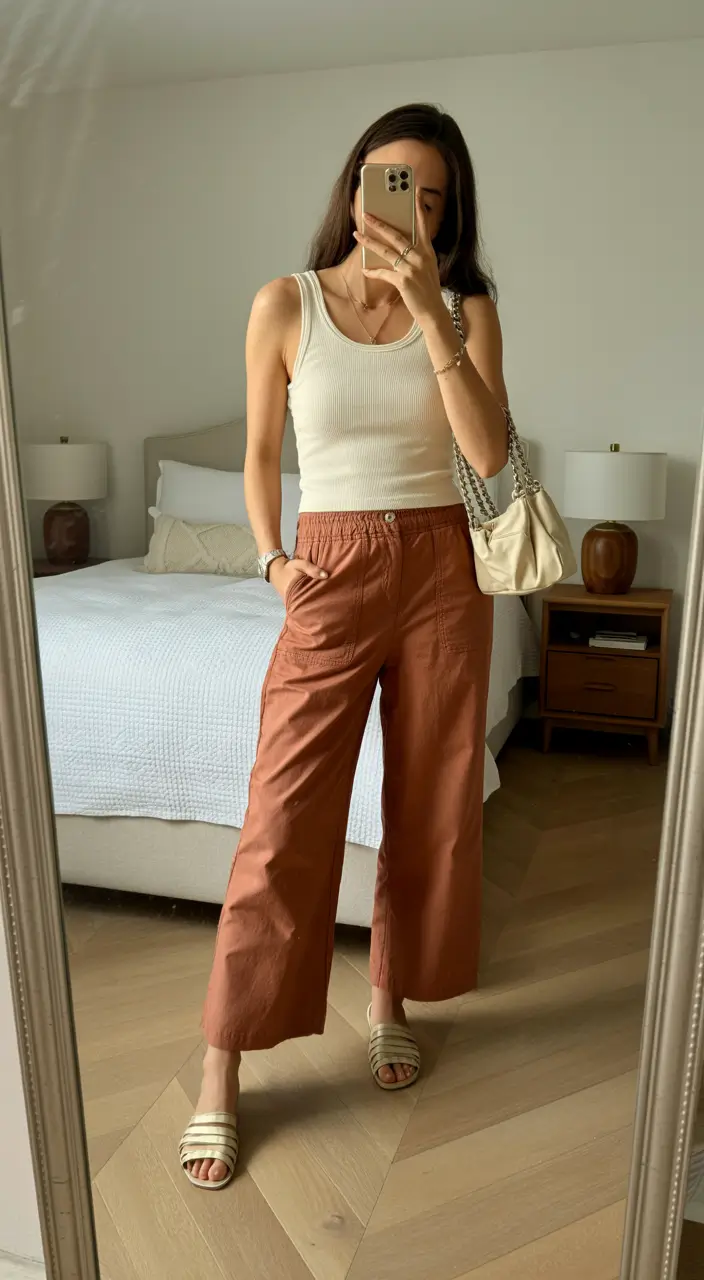 Summer outfits for work 2026 Soft Tank Top and Rust Wide Leg Pants for Relaxed Office Comfort
