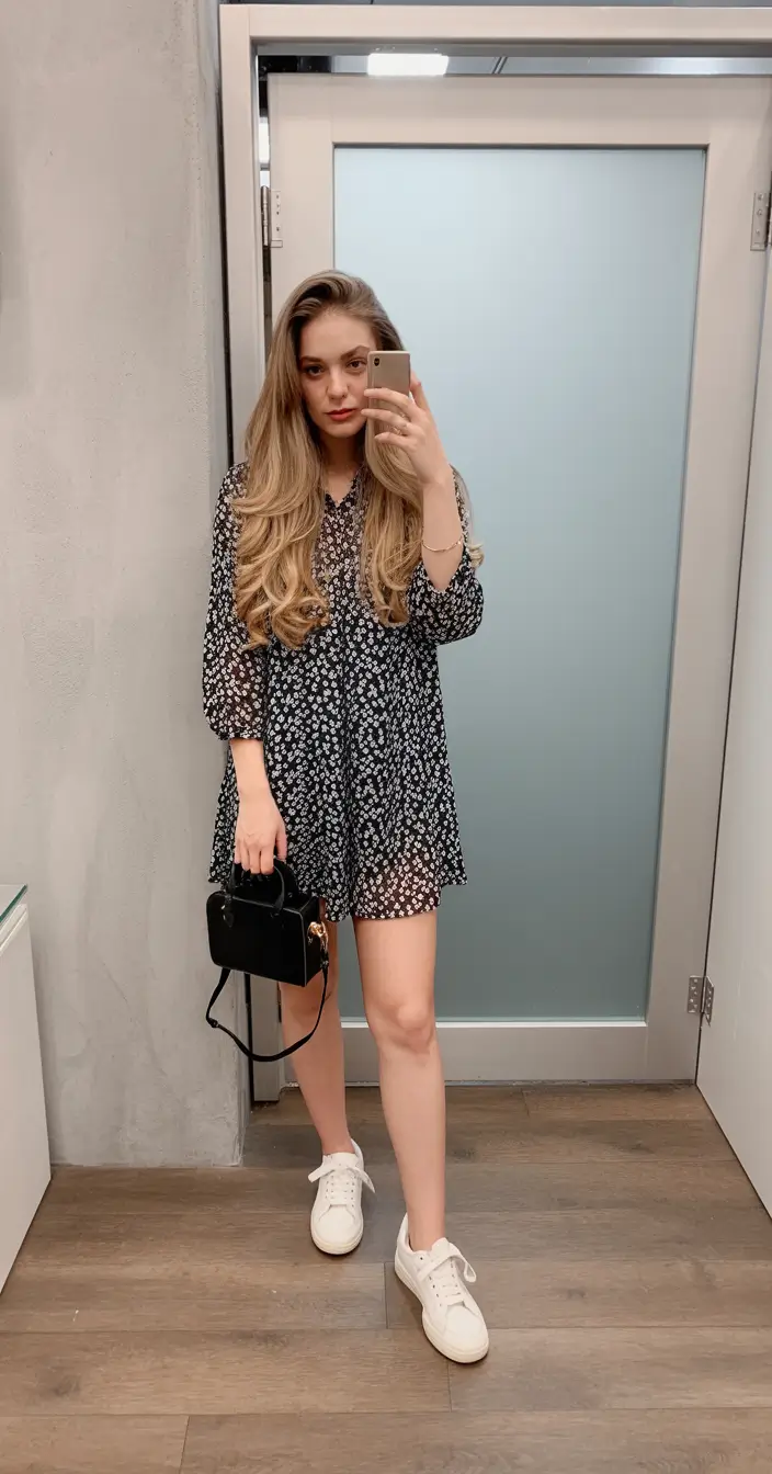 Summer outfits for work 2026 Light Floral Mini Dress with Sneakers for Easy Workday Style