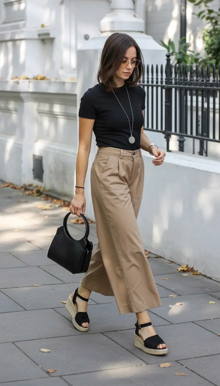 Summer outfits for work 2026 Black Fitted Tee and Tailored Camel Pants for Modern Office Simplicity
