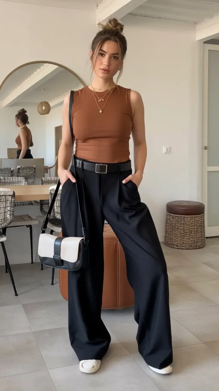 Summer outfits for work 2026 Rust Tank Top and Wide Black Trousers for Chic Summer Work Style