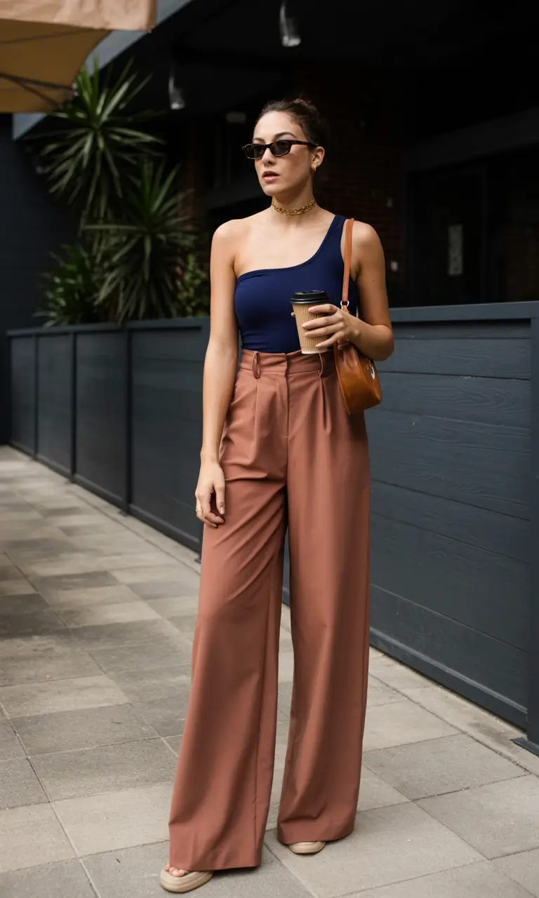 Summer outfits for work 2026 One Shoulder Top and Wide Trousers for Modern Summer Work Style