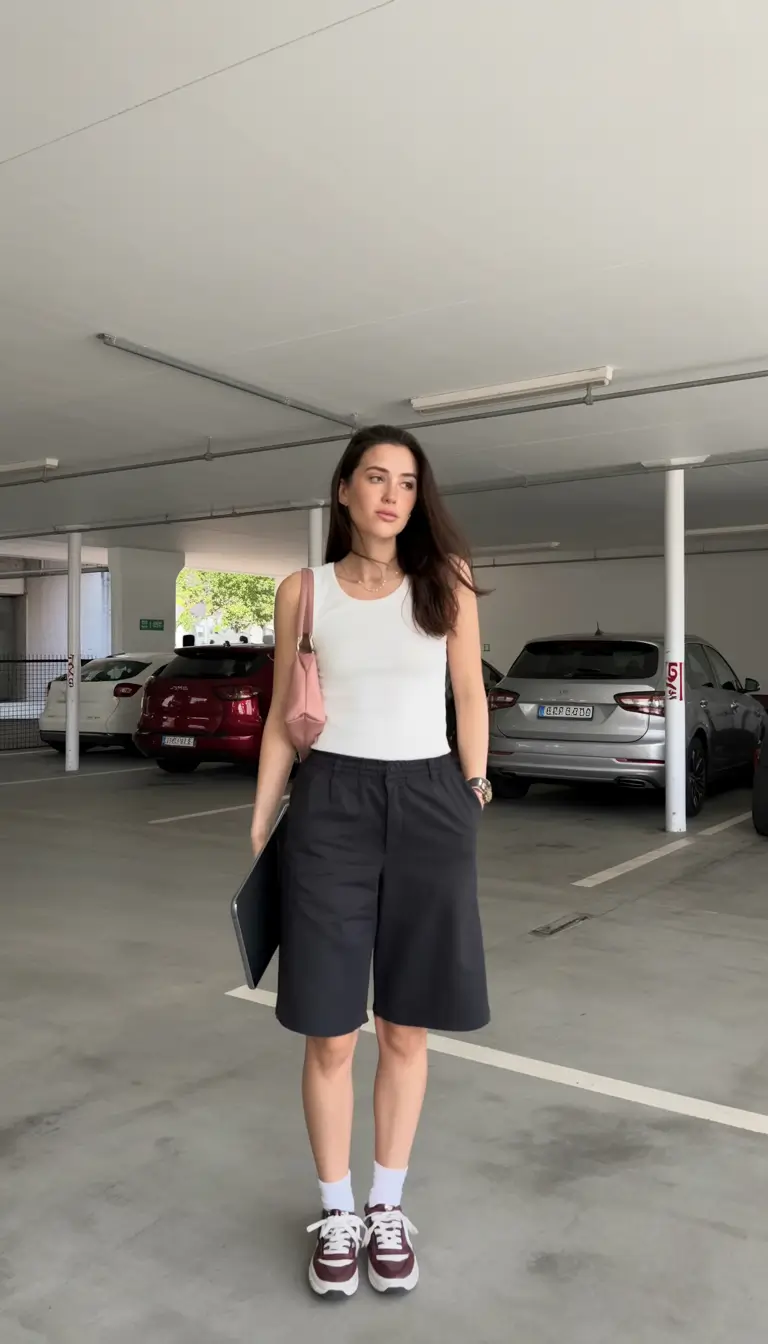 Summer outfits for work 2026 Minimal Tank and Tailored Bermuda Shorts for Casual Office Days