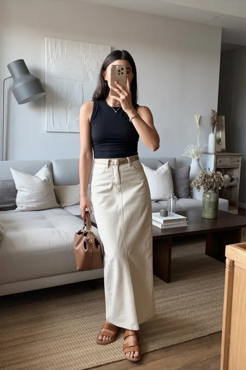 Summer outfits for work 2026 Black Sleeveless Top and Neutral Maxi Skirt for Elegant Work Comfort